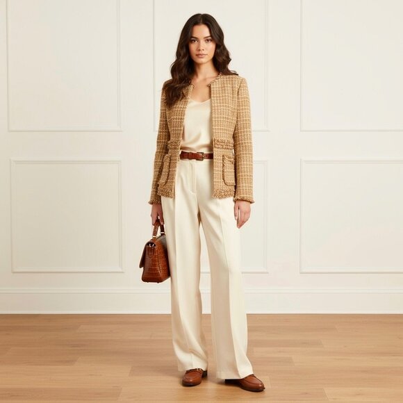 Brooks Brothers Tweed Blazer Sz 6 Tan Fringe Trim Career Old Money Office Work - Picture 2 of 14